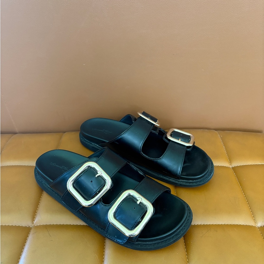 Women’s Black Double Buckle Slide Sandals - Picture 2 of 3